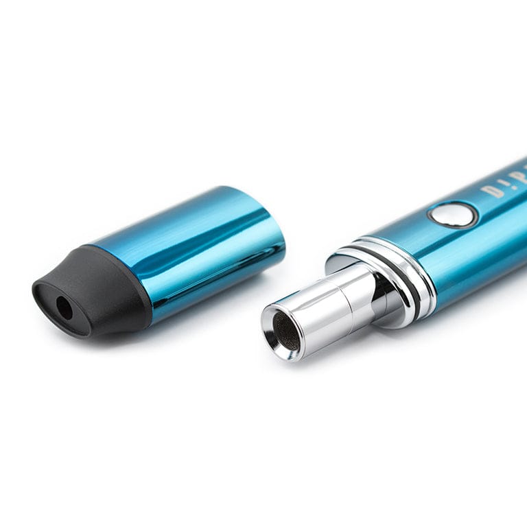 Close-up three-quarter view of the Ocean Blue Dip Devices Vaporizer - The Dipper with its metallic mouthpiece extended and matching blue cap set beside it on a white background