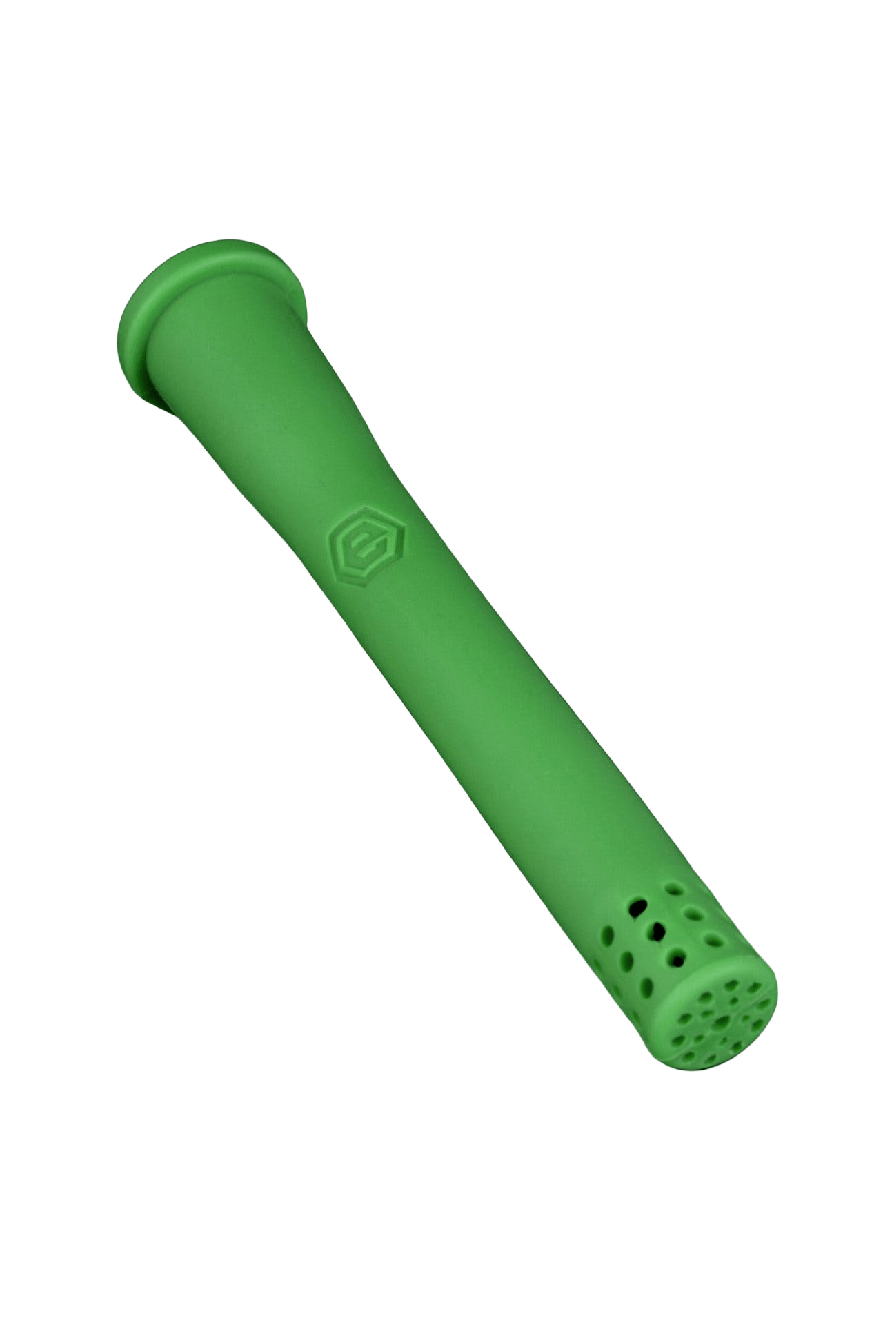 Angled close-up of a bright green Entropy Labs Solid Color Silicone Downstem showing its flared top, embossed logo and perforated end against a white background.