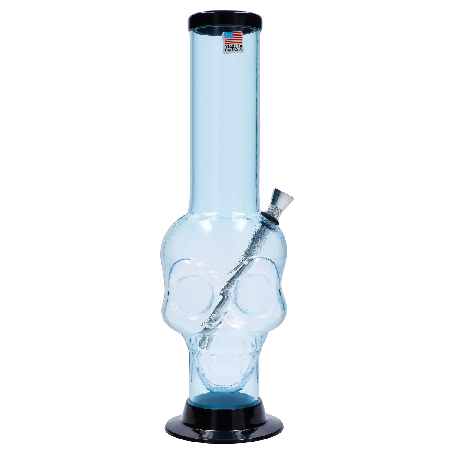 Front-facing view of the JM Plastics Large Skull Base with Carb Hole Acrylic Water Pipe - 12 in. in blue-tinted clear showing a skull-shaped chamber, angled metal downstem, and black base.