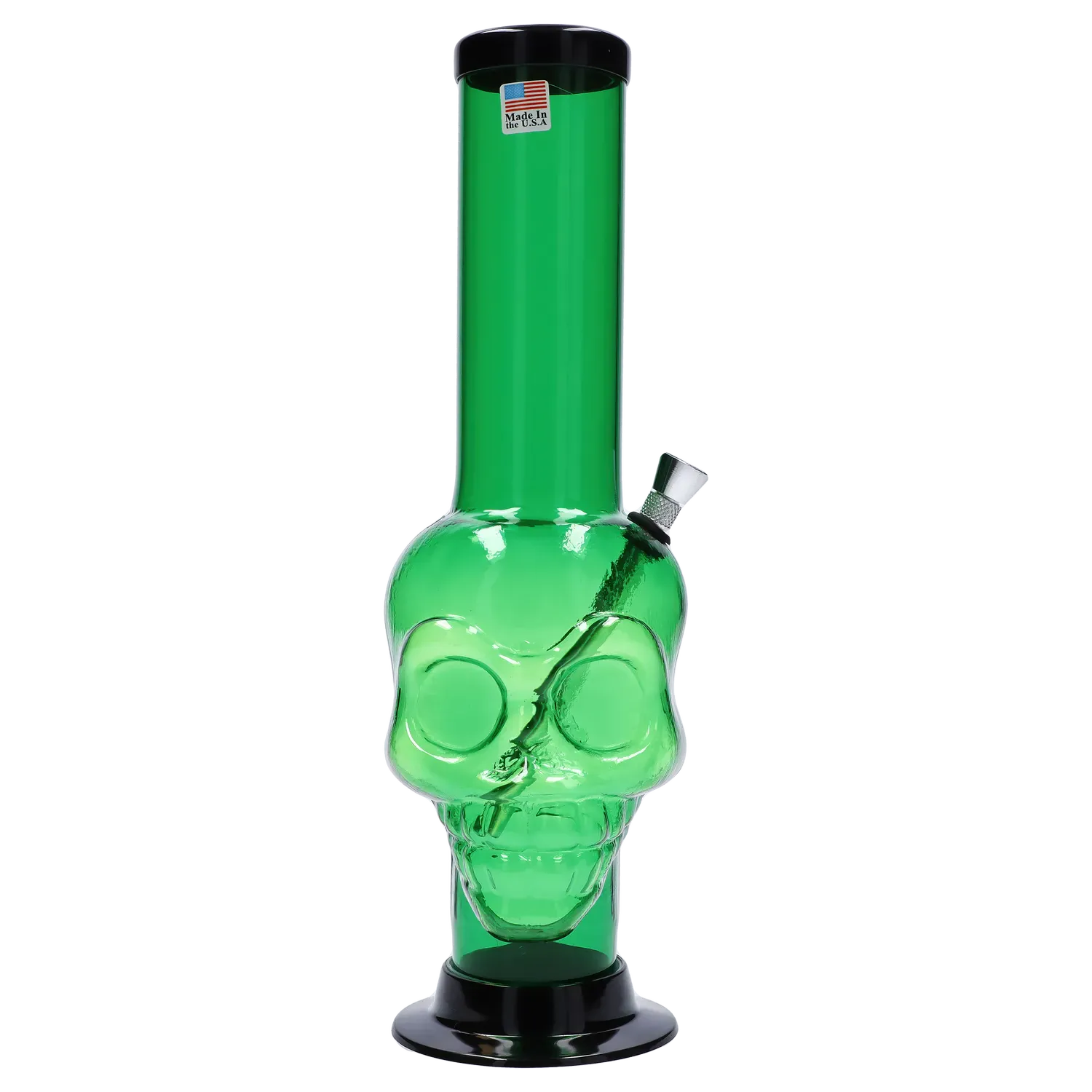 Front view of the JM Plastics Large Skull Base with Carb Hole Acrylic Water Pipe - 12 in. in dark green, showing a skull-shaped midsection and black base.