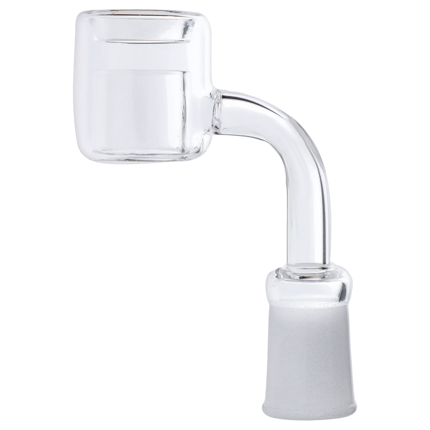 Close-up side view of the clear DHC 2mm Quartz Thermal Banger - 90 degree - Female 14 mm showing the angled neck, thick quartz bucket and frosted female joint.