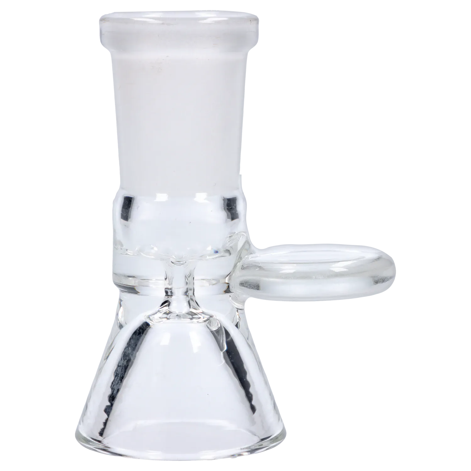 Close-up side view of the clear DHC Funnel Bowl - Female 14mm showing the flared funnel and glass joint details.