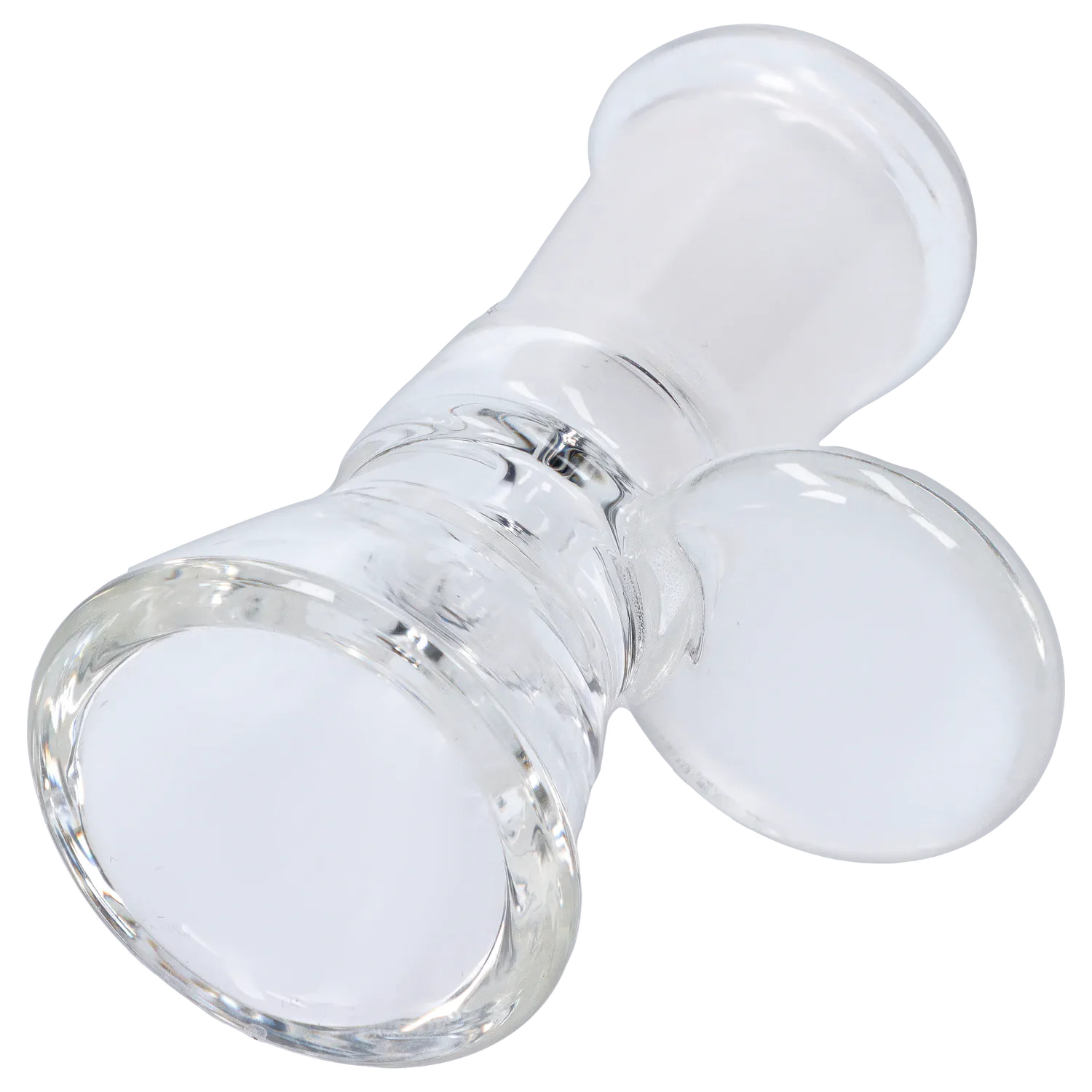 Angled close-up of the clear glass DHC Funnel Bowl - Female 14mm showing the frosted female joint and rounded bowl rim against a white background
