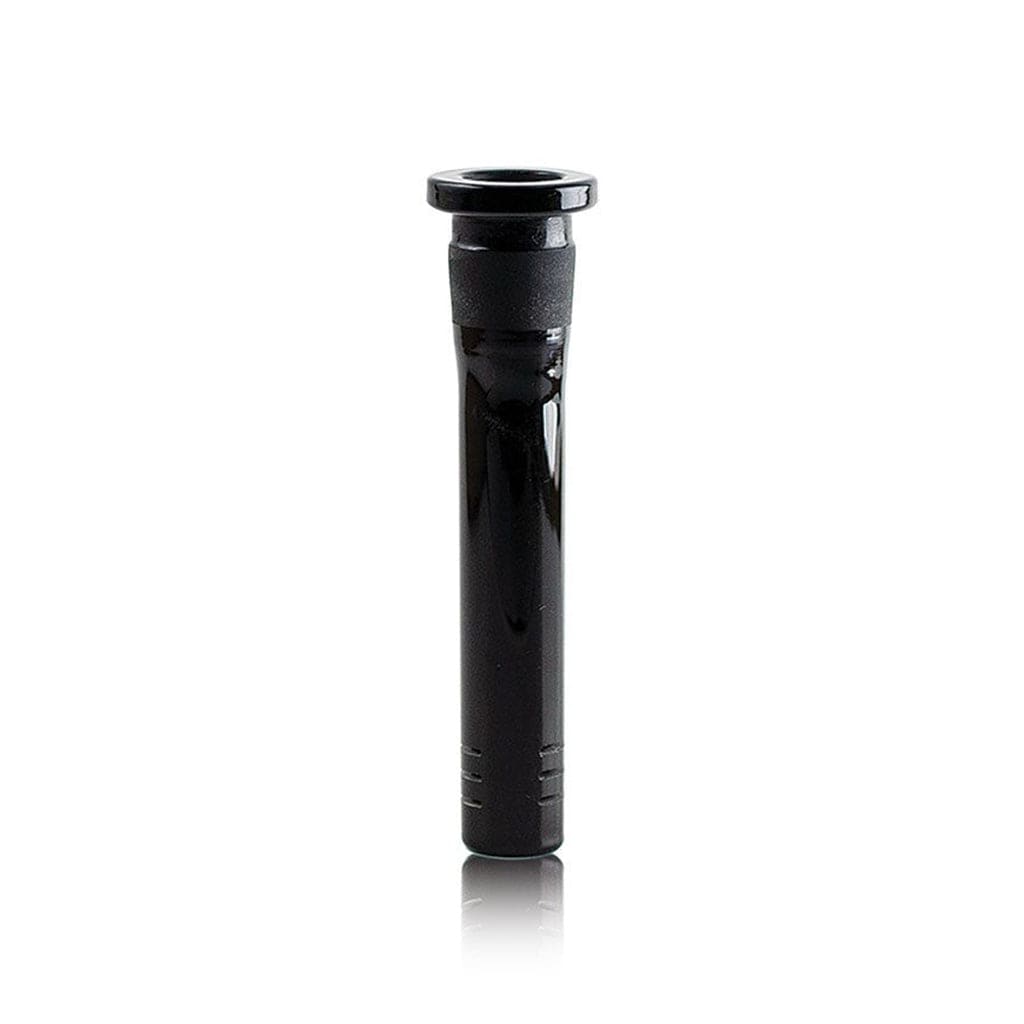 Center-frontal view of the black Ryot Silicone Stem With Glass Bowl - 14Mm standing upright on a white reflective surface.