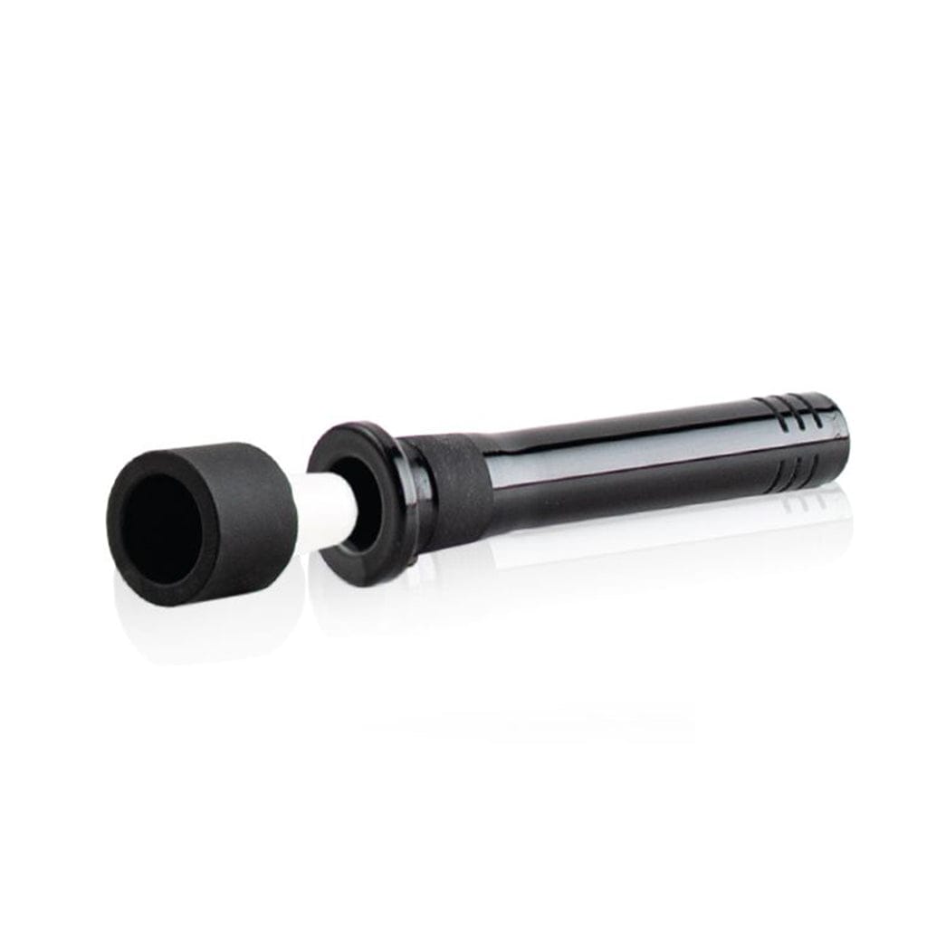 Angled close-up of the black Ryot Silicone Stem With Glass Bowl showing the removable black silicone mouthpiece and white glass bowl on a reflective white surface