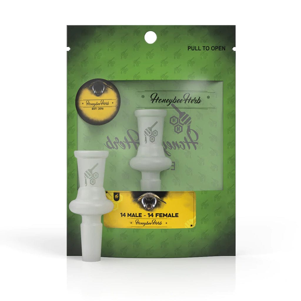 Front-facing pack showing a white Honeybee Herb Glass Converter Adapter centered against green branded backing with a clear window and yellow label.