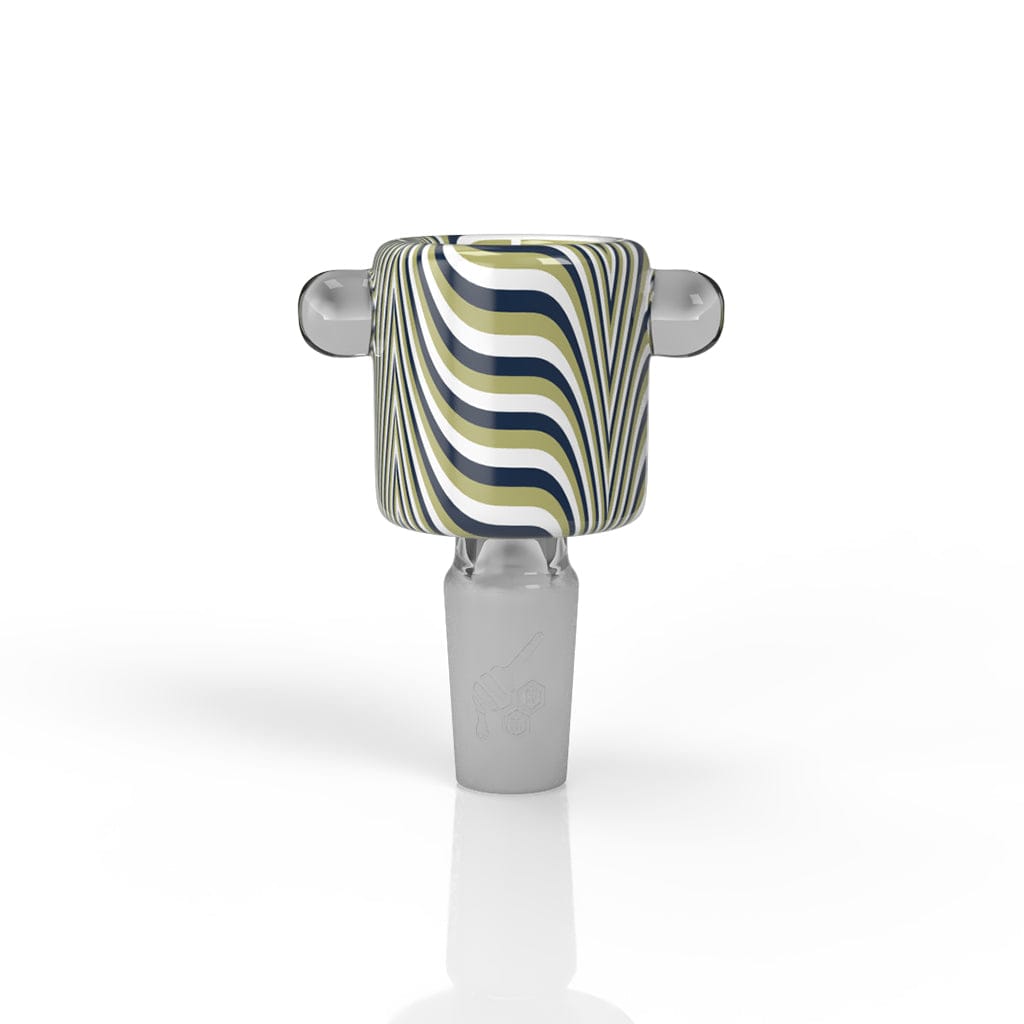 Front-facing close-up of the Honeybee Herb Glass Flower Bowl (Fb-9) showing its lime-green and navy wavy striped glass body with two clear side knobs.