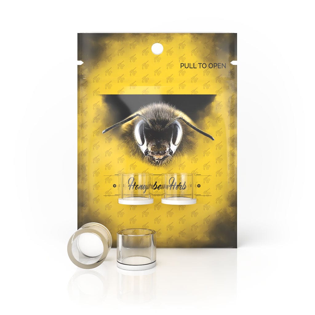 Front-facing shot of the Honey & Milk Cups pouch with a large bee illustration on yellow background and two clear cups displayed below.