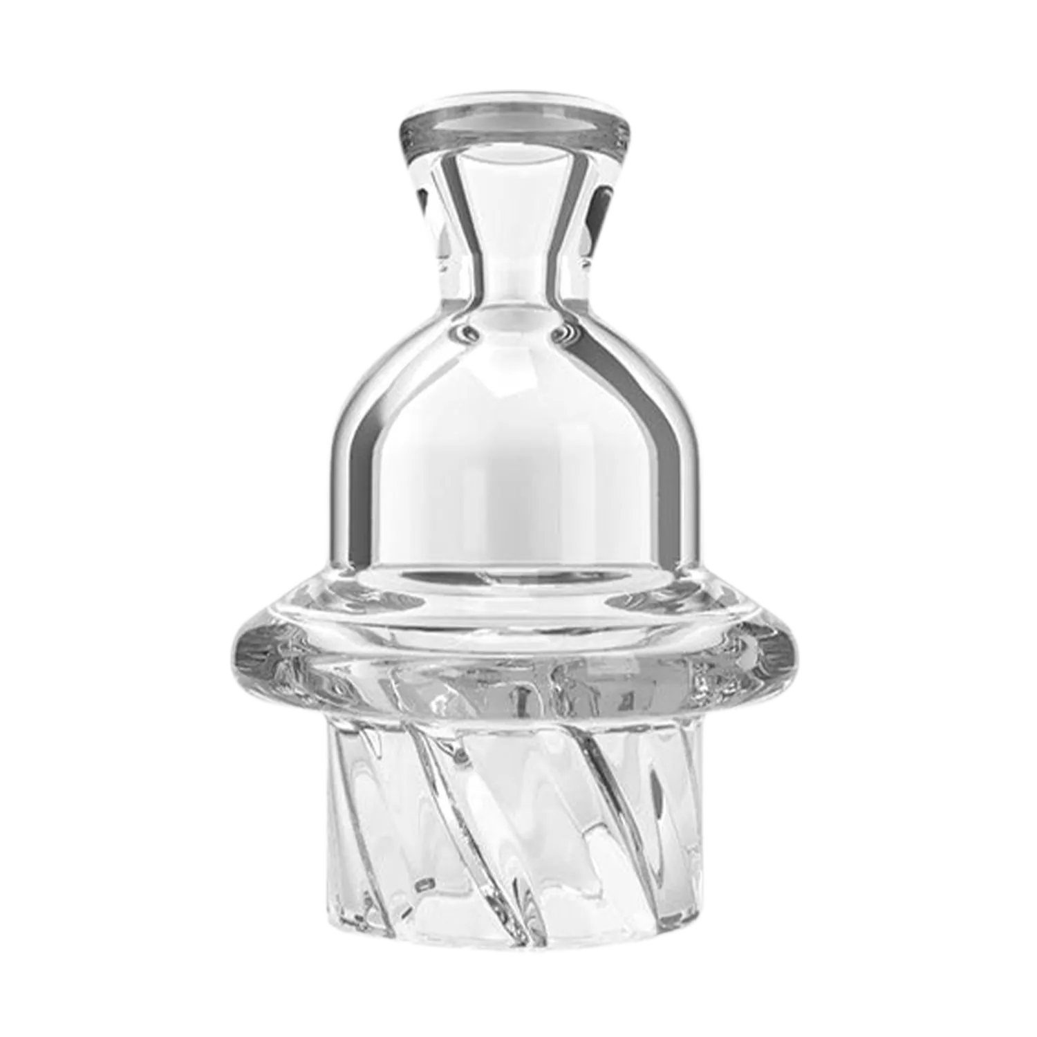 Close-up front view of a clear glass Honey Hive Carb Cap showing its domed top, flared lip, and swirled lower chamber.