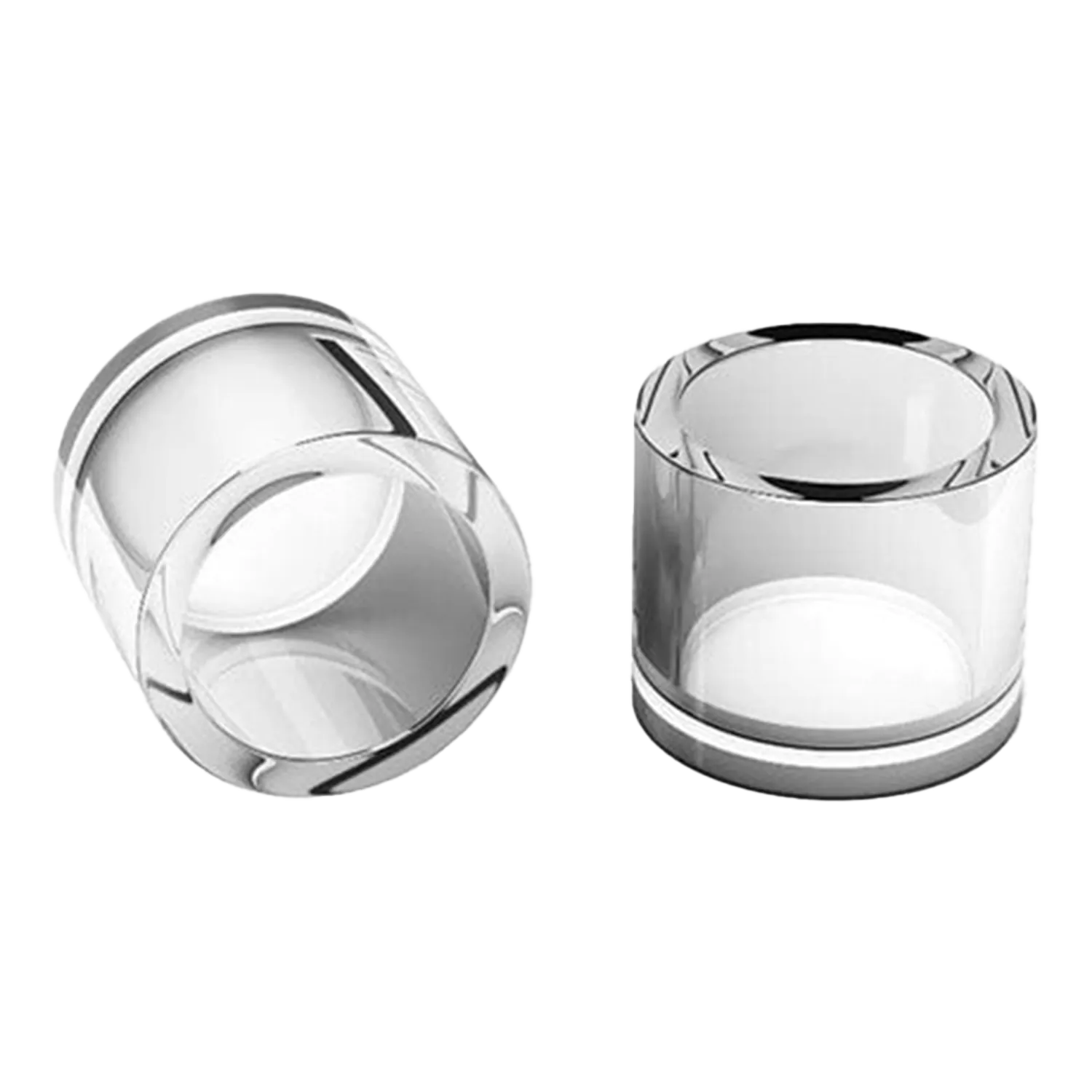 Two clear cylindrical Honey & Milk Cups are shown on a white background, one standing upright and the other lying on its side viewed at a slight angle.