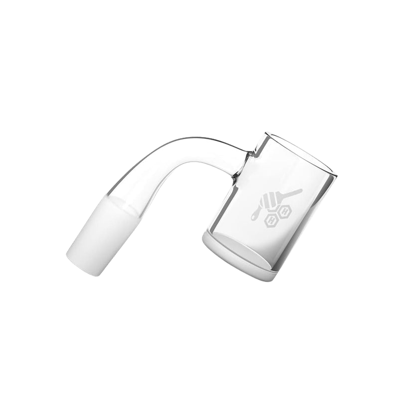 Angled close-up of the Honey & Milk Quartz Banger - 90° | Yellow Line showing its clear glass cup and curved 90-degree stem against a plain background.