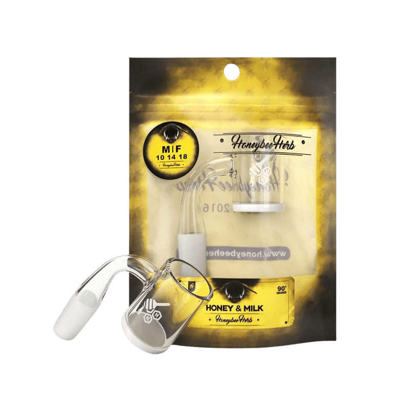 Front-facing product shot of the Honey & Milk Quartz Banger - 90° | Yellow Line showing a clear 90-degree quartz banger in front of its yellow-black branded pouch.