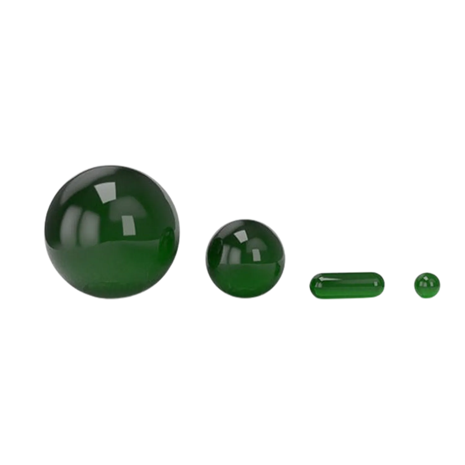Row of four glossy green marbles on a white background, shown left to right in descending size for Honeybee Herb Dab Marble Sets - 4 Piece.