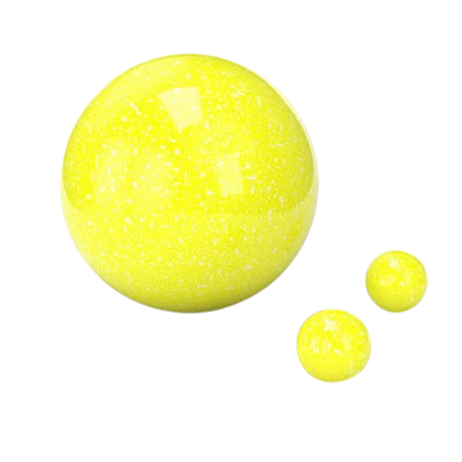 Close-up, slightly angled view of three glossy neon yellow marbles with speckled textures against a white background, Honeybee Herb Dichro Neon Dab Marble Sets