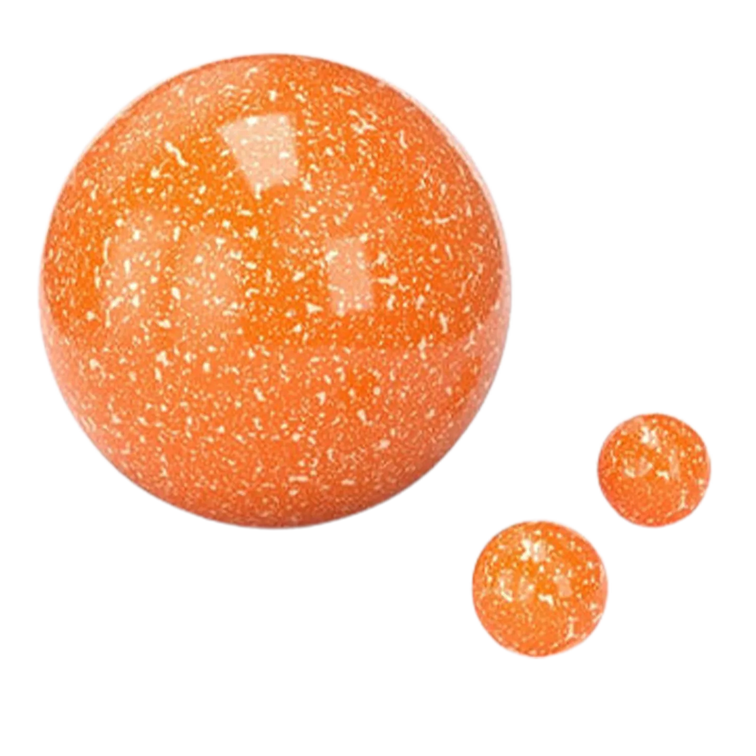 Close-up of three glossy orange speckled marbles, the largest foreground sphere and two smaller ones trailing to the lower right, Honeybee Herb Dichro Neon Dab Marble Sets