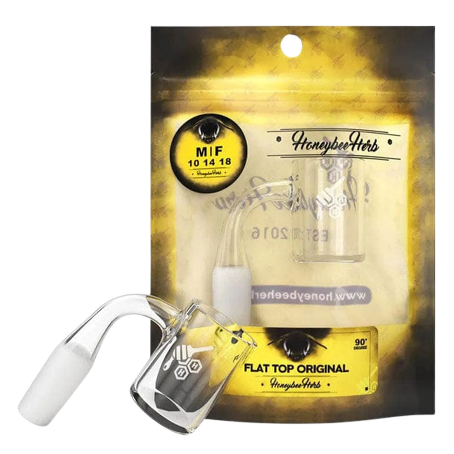 Angled close-up of the Honeybee Herb Flat Top Original Quartz Banger - 90° | Yellow Line showing the glass joint and banger resting against yellow branded packaging.