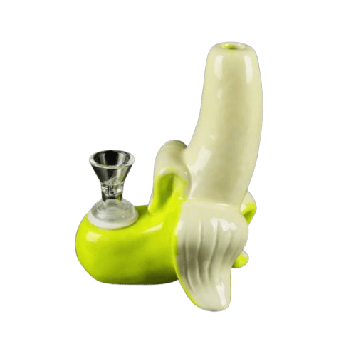 Three-quarter view of a ceramic banana-shaped pipe with peeled detail, glossy lime and cream finish, the Going Bananas Bubbler.