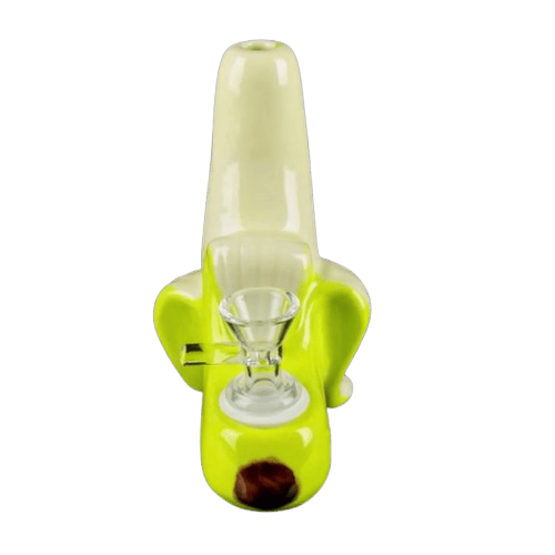 Top-down view of the neon yellow Going Bananas Bubbler shaped like a peeled banana with a clear glass bowl.