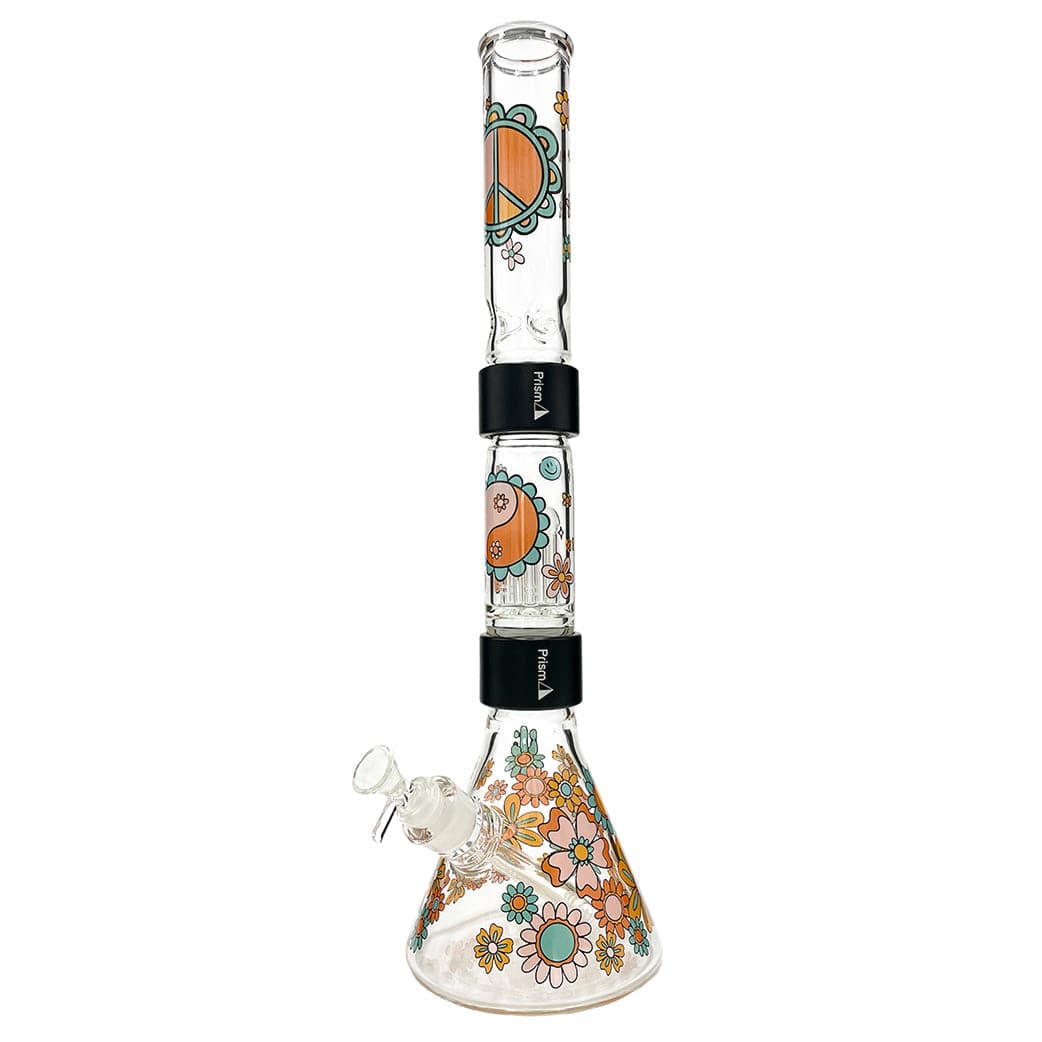 Front view of the Prism Flower Power Beaker Double Stack showing a clear glass beaker with stacked chambers and orange, teal, and pink floral decals.