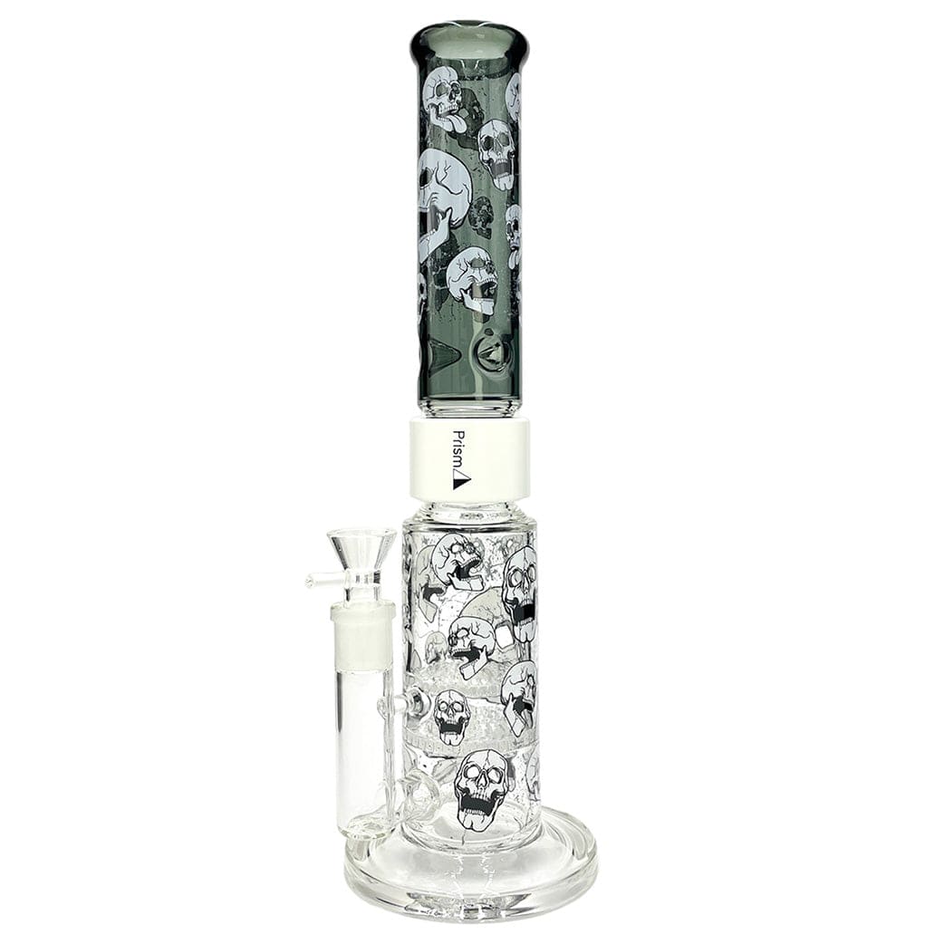 Tall front view of the Prism Prism Skull Big Honeycomb Single Stack showing stacked clear and dark green glass chambers decorated with repeating skull graphics.