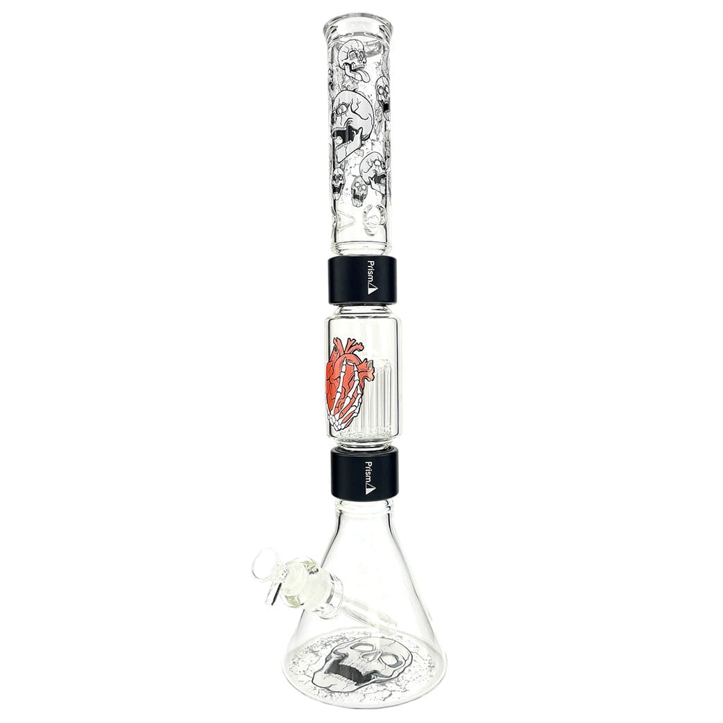 Straight-on view of the Prism Prism Skull Beaker Double Stack showing stacked clear glass chambers with skull and red heart artwork on a white background.