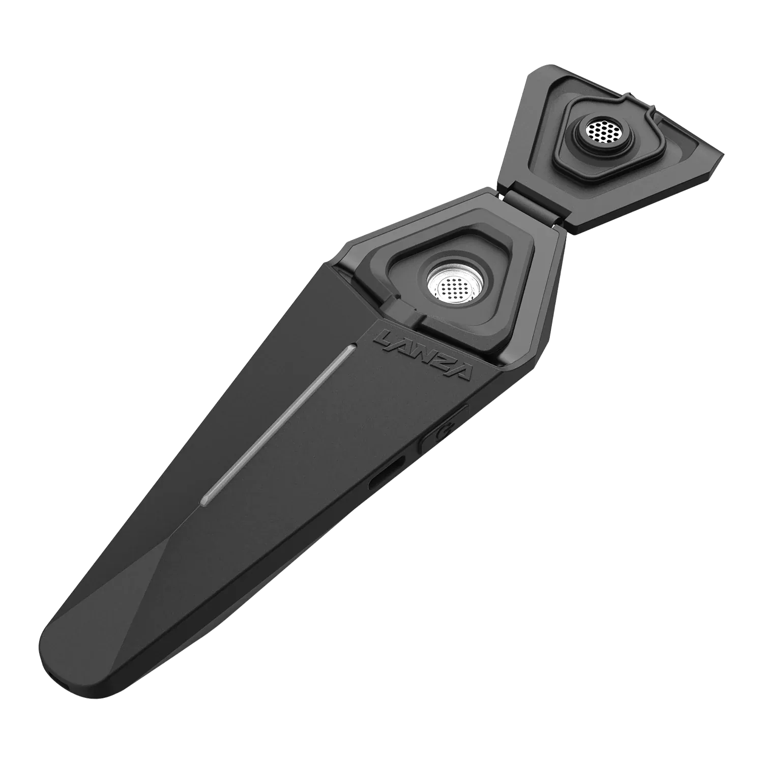 Angled close-up of the black XVAPE LANZA with its triangular hinged chamber open, showing the perforated metal screens.