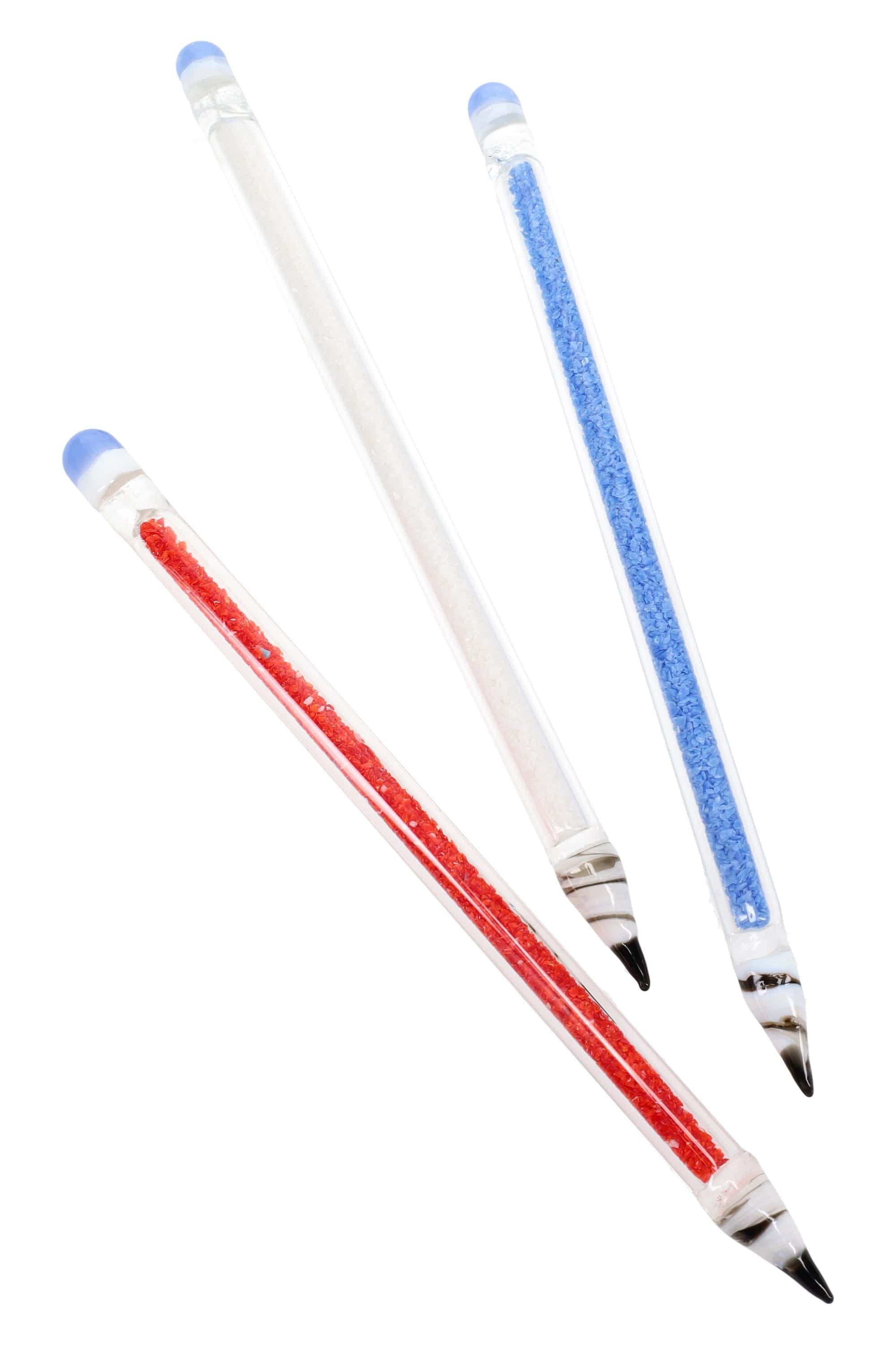 Diagonal close-up of three 6″ Primate Glass Pencil Dab Tool – 6″ glass dabbers with blue-tipped ends and red and blue textured cores on a white background