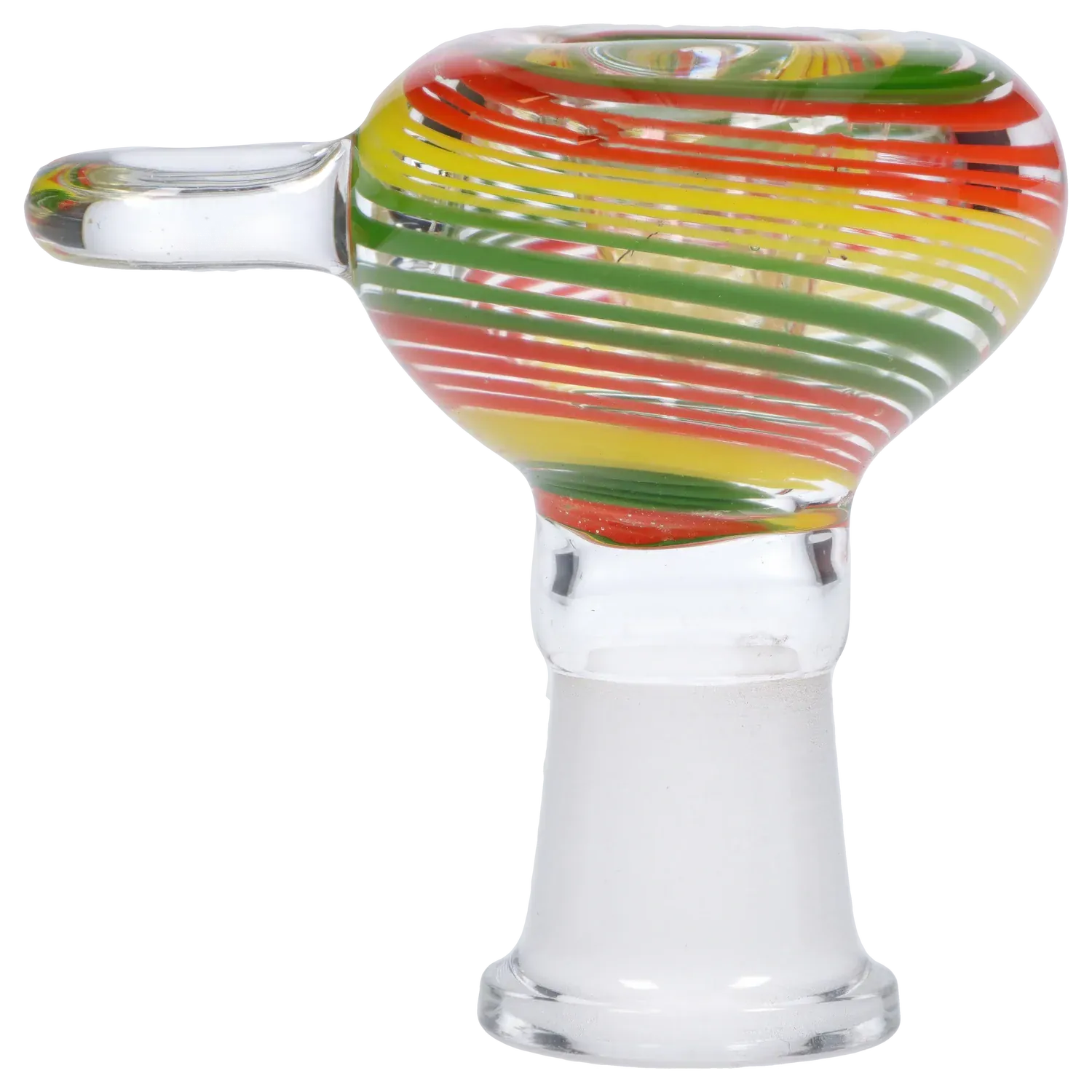 Close-up side view of the DHC Rasta Bowl - Female - 14mm showing a clear glass handle and a rounded bowl wrapped in red, yellow, and green spiral stripes.