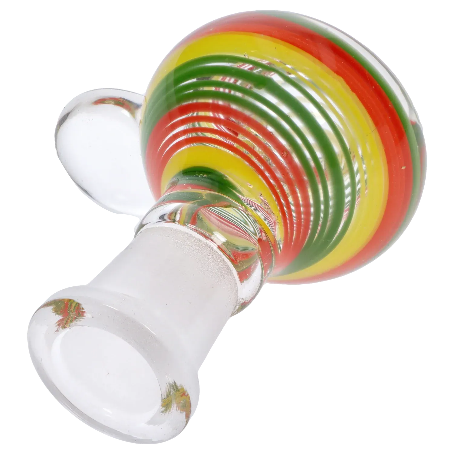 Close-up angled view of the colorful spiral bowl of the DHC Rasta Bowl - Female - 14mm showing red, yellow, and green concentric rings and a clear glass joint.