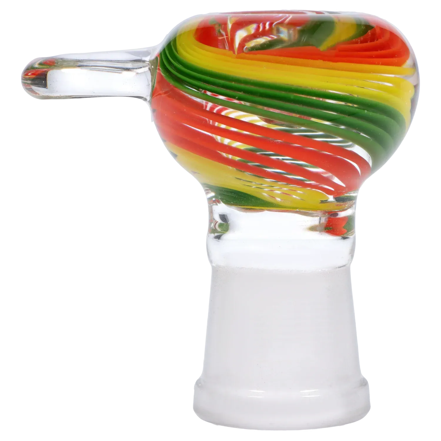 Close-up side view of the glass DHC Rasta Bowl showing red, yellow, and green spiral cane wrapped inside a clear rounded bowl.