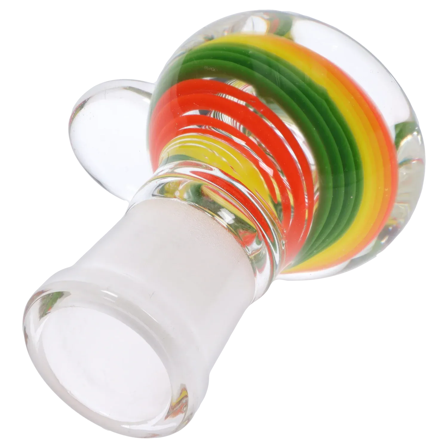 Angled close-up of the clear glass DHC Rasta Bowl showing concentric red, yellow, and green rings under bright studio lighting