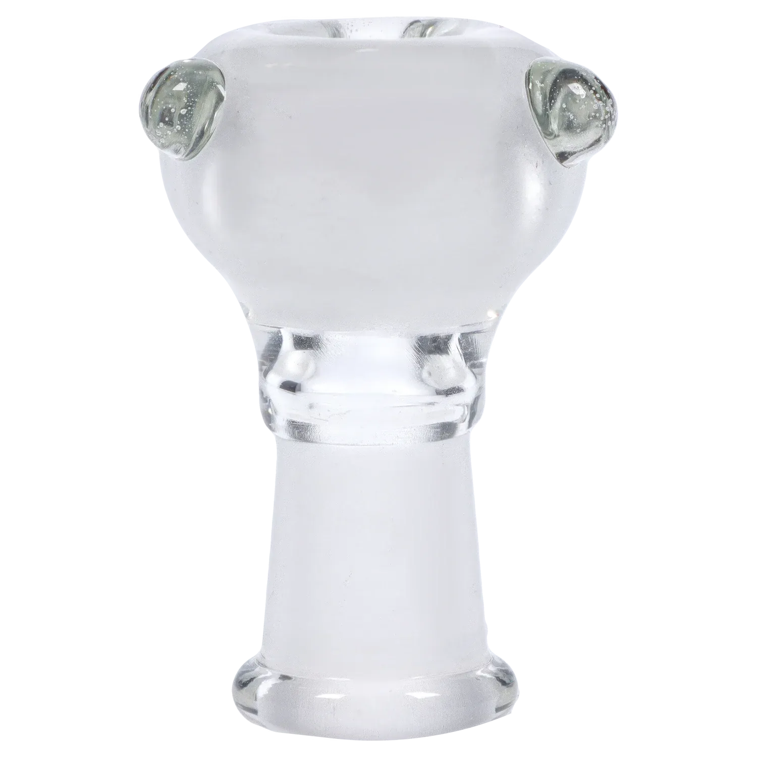 Close-up frontal view of the DHC Inside-Out Frit Bowl showing its frosted white glass top with four clear bubbled accents and a clear frosted joint.