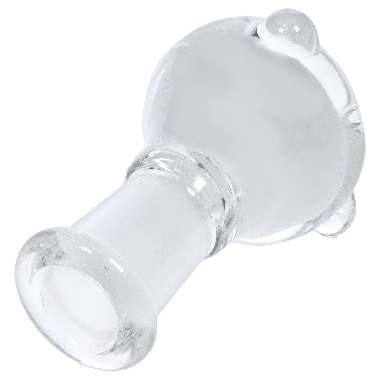 Angled close-up of the clear glass DHC Inside-Out Frit Bowl showing its rounded bowl rim, joint frosted neck, and three small outer nubs.