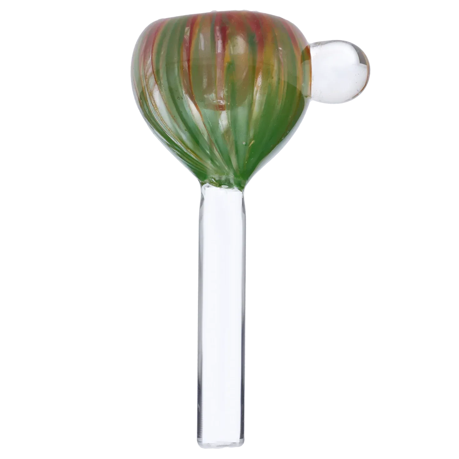 Close-up side view of the green-striped DHC 9mm Rasta Wrap-N-Rake Slides bowl with a clear glass stem and rounded side pull.