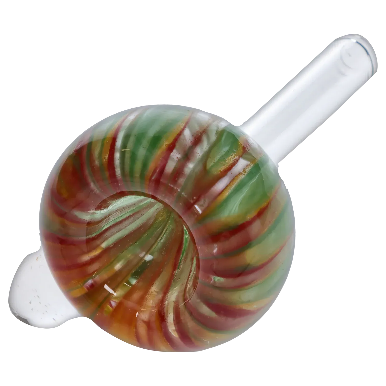 Close-up angled view of the colorful swirled bowl on the DHC 9mm Rasta Wrap-N-Rake Slides, showing red, green and amber stripes and the clear glass stem.