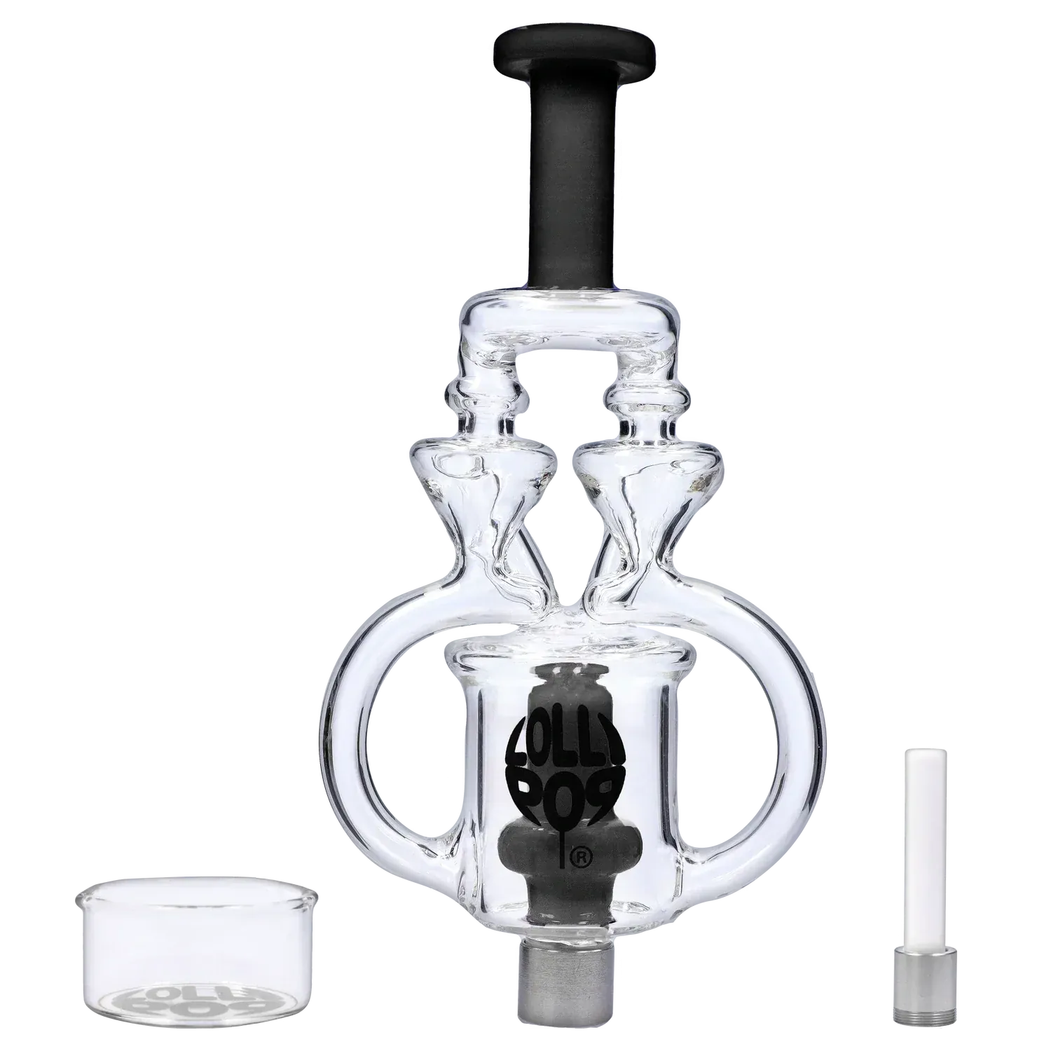 Centered front view of the Lollipop Brand Arm Recyclers Nectar Collector showing its clear dual-loop glass body, black top mouthpiece, and separate glass and metal components.