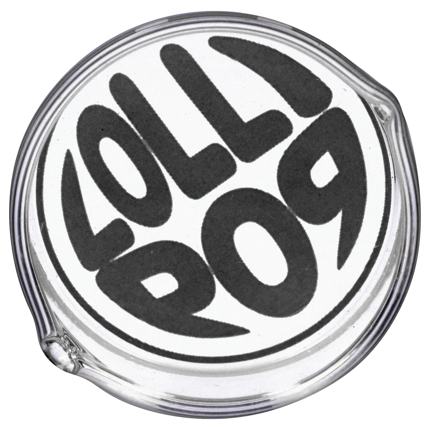 Top-down close-up of a round glass dish bearing bold black "lollipop" lettering, labeled Lollipop Brand Arm Recyclers Nectar Collector.