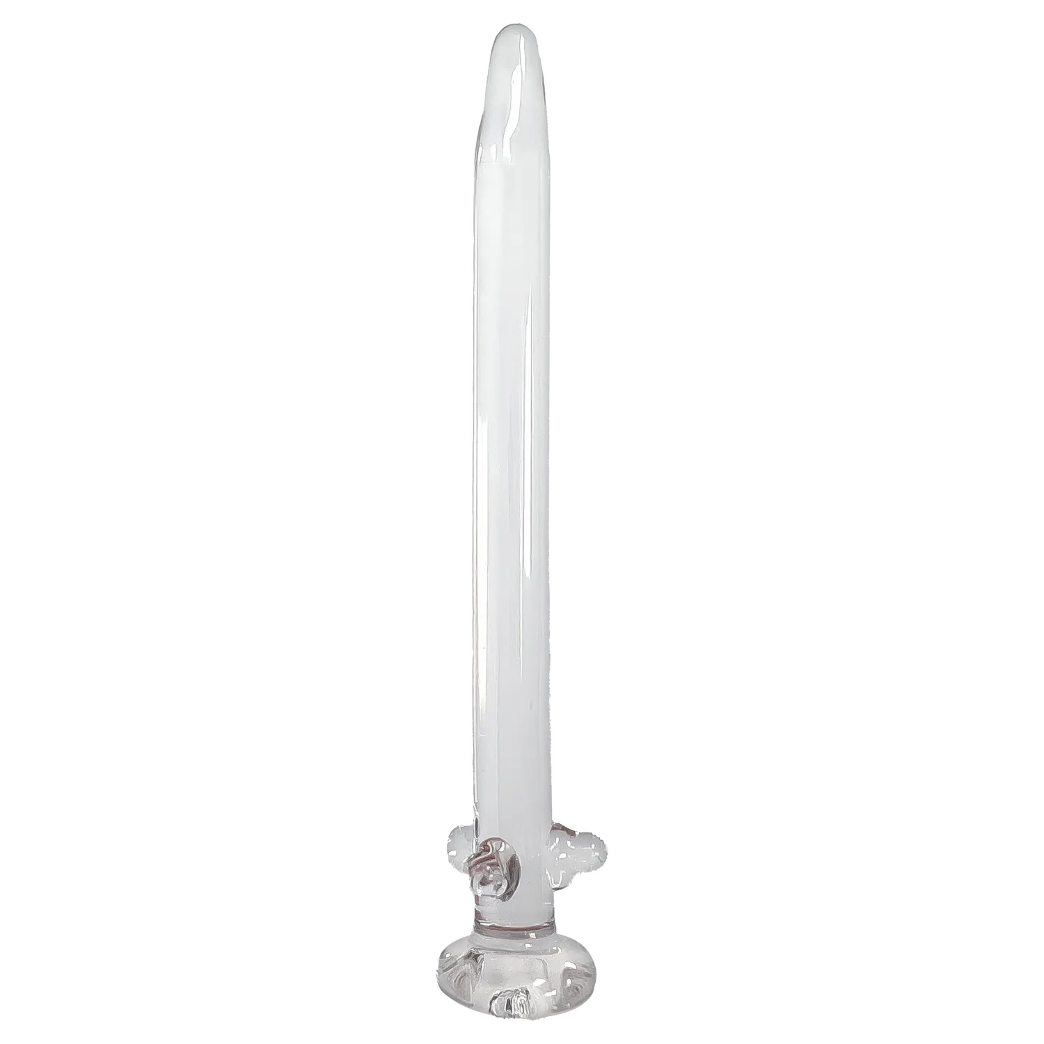 Tall vertical studio shot of a clear DHC Glass Nail 10mm standing on its rounded base with soft highlights on the glass.
