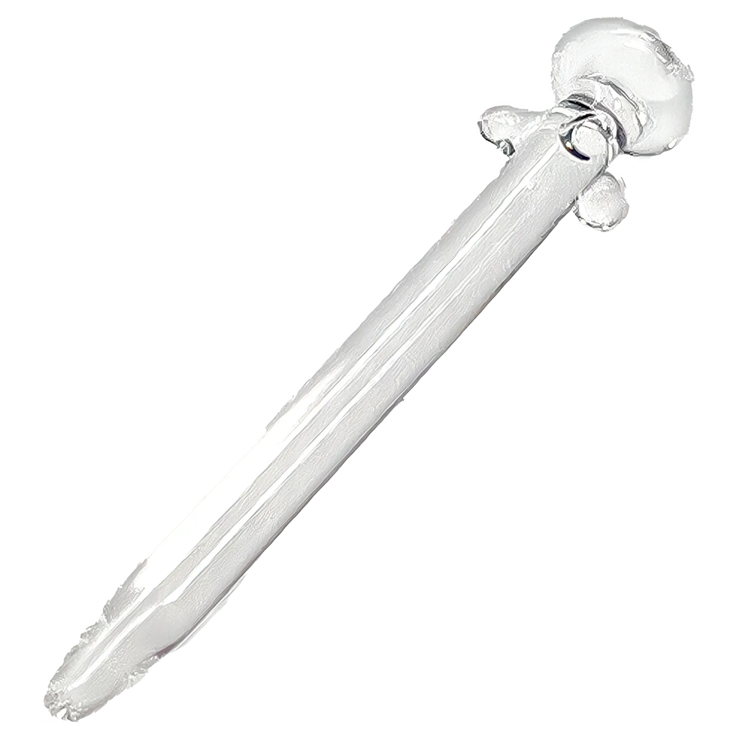 Diagonal close-up of the clear glass DHC Glass Nail 10mm showing its rounded head and smooth tubular shaft on a white background