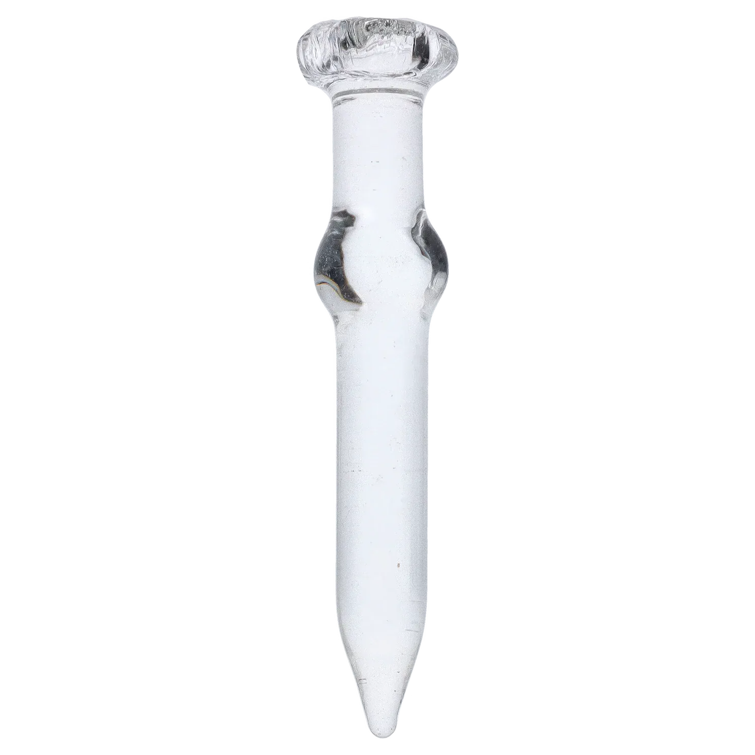 Close-up vertical view of the clear DHC Glass Nail 14mm showing its rounded top, narrow body with two grip knobs, and tapered tip against a white background.