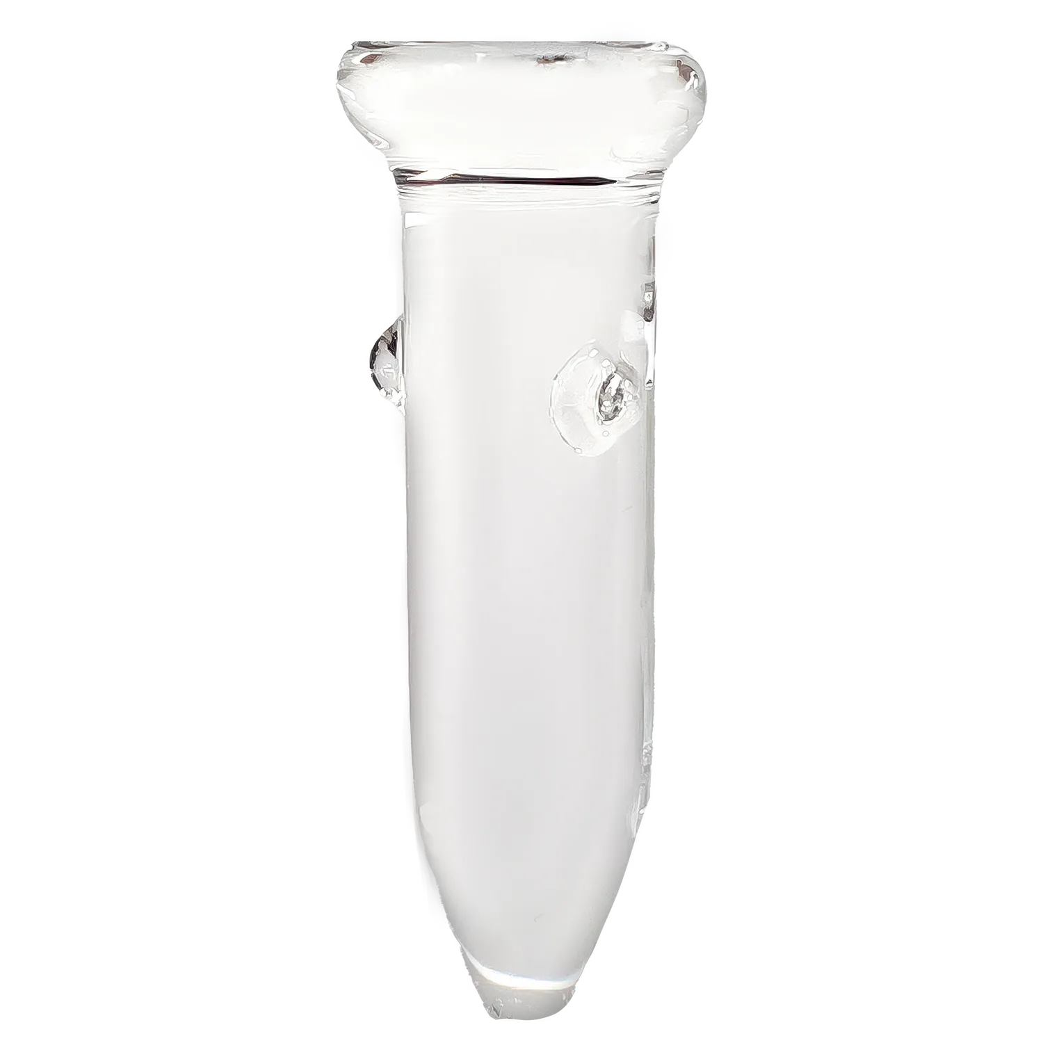 Close-up top-down view of a clear glass DHC Glass Nail 18mm showing the flared lip, smooth cylindrical shaft and two small glass knobs against a white background