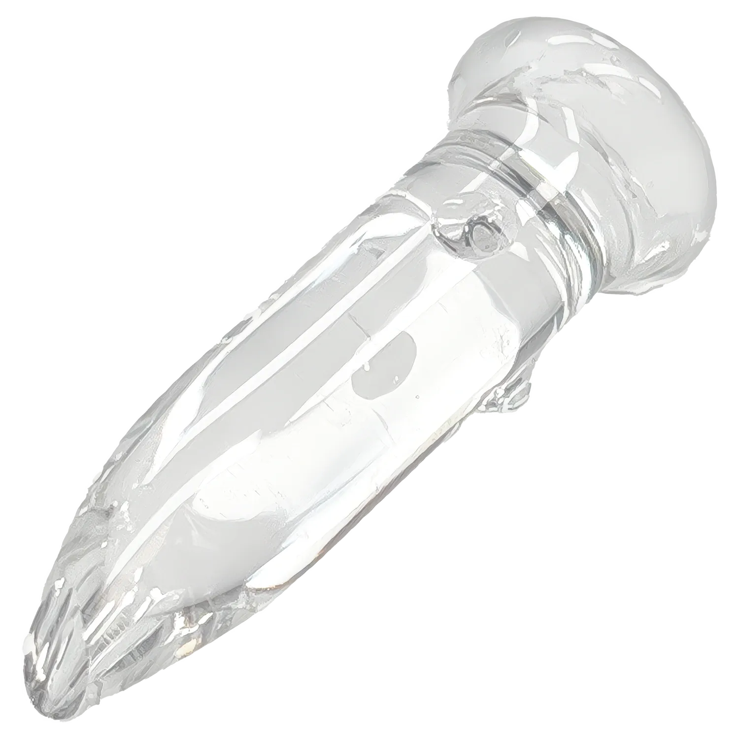 Angled close-up of a clear glass DHC Glass Nail 18mm showing reflections, smooth rounded tip, and a flared joint end.