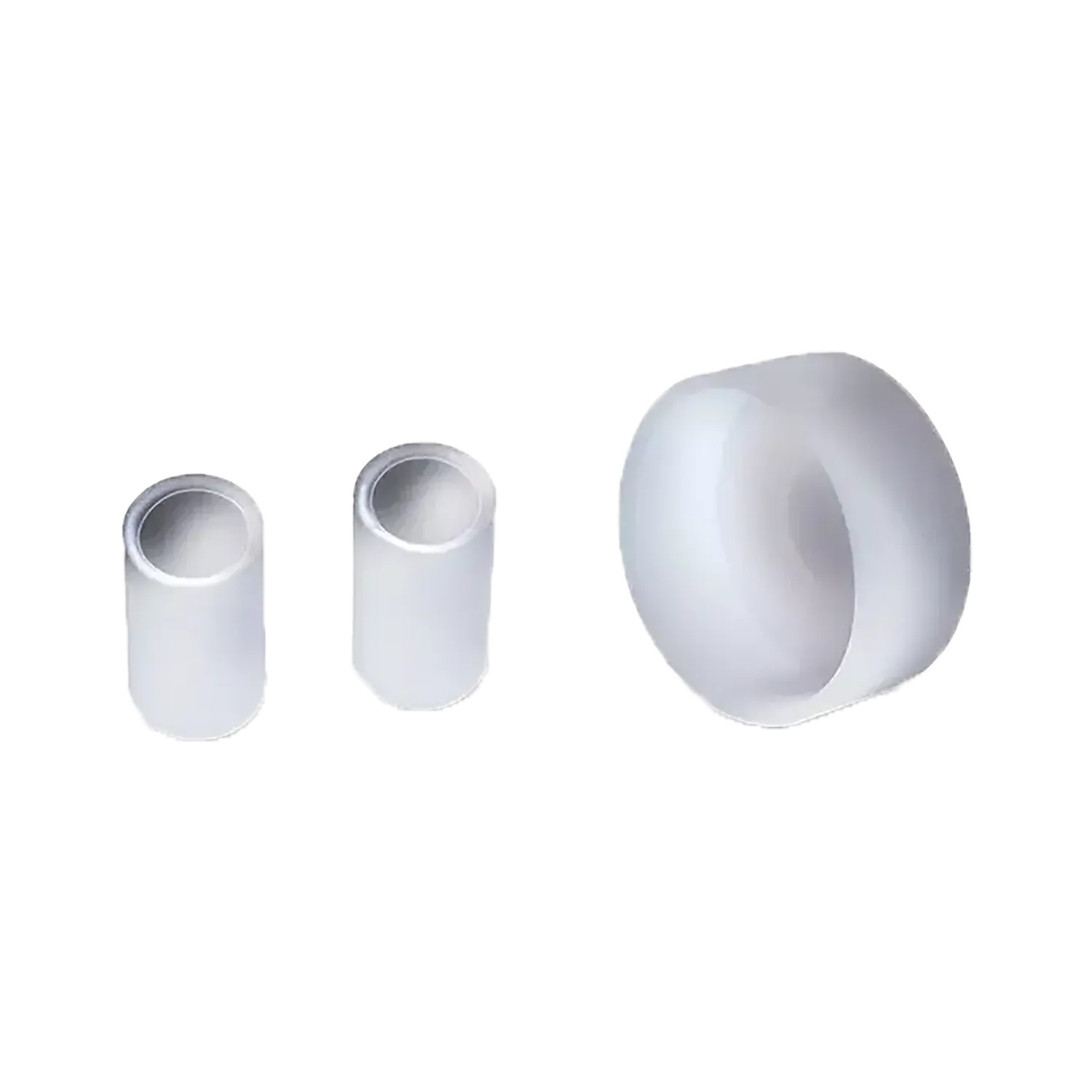Three-quarter view of three white silicone caps arranged left-to-right on a white background for the Cipher NOVA Hookah Caps Replacement Set