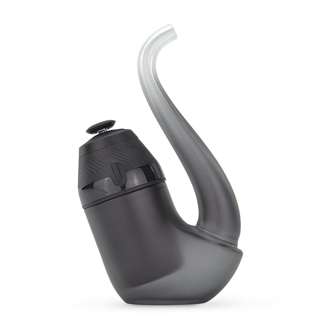 Side view of the Onyx Puffco New Proxy Vaporizer showing its matte black curved body and translucent mouthpiece against a white background.