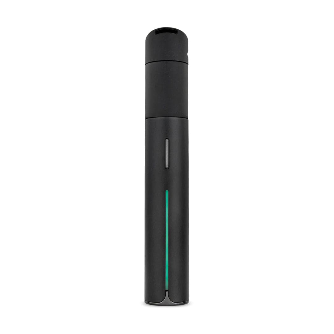 Front-facing studio shot of the Onyx Puffco Pivot Vaporizer standing upright on a white background, showing its matte black cylindrical body, narrow vertical LED strip, and rounded mouthpiece.