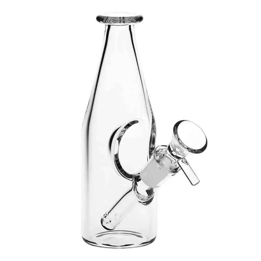 Studio-style front view of the Pulsar Bottle Style Glass Bong showing its clear glass bottle shape and angled downstem.