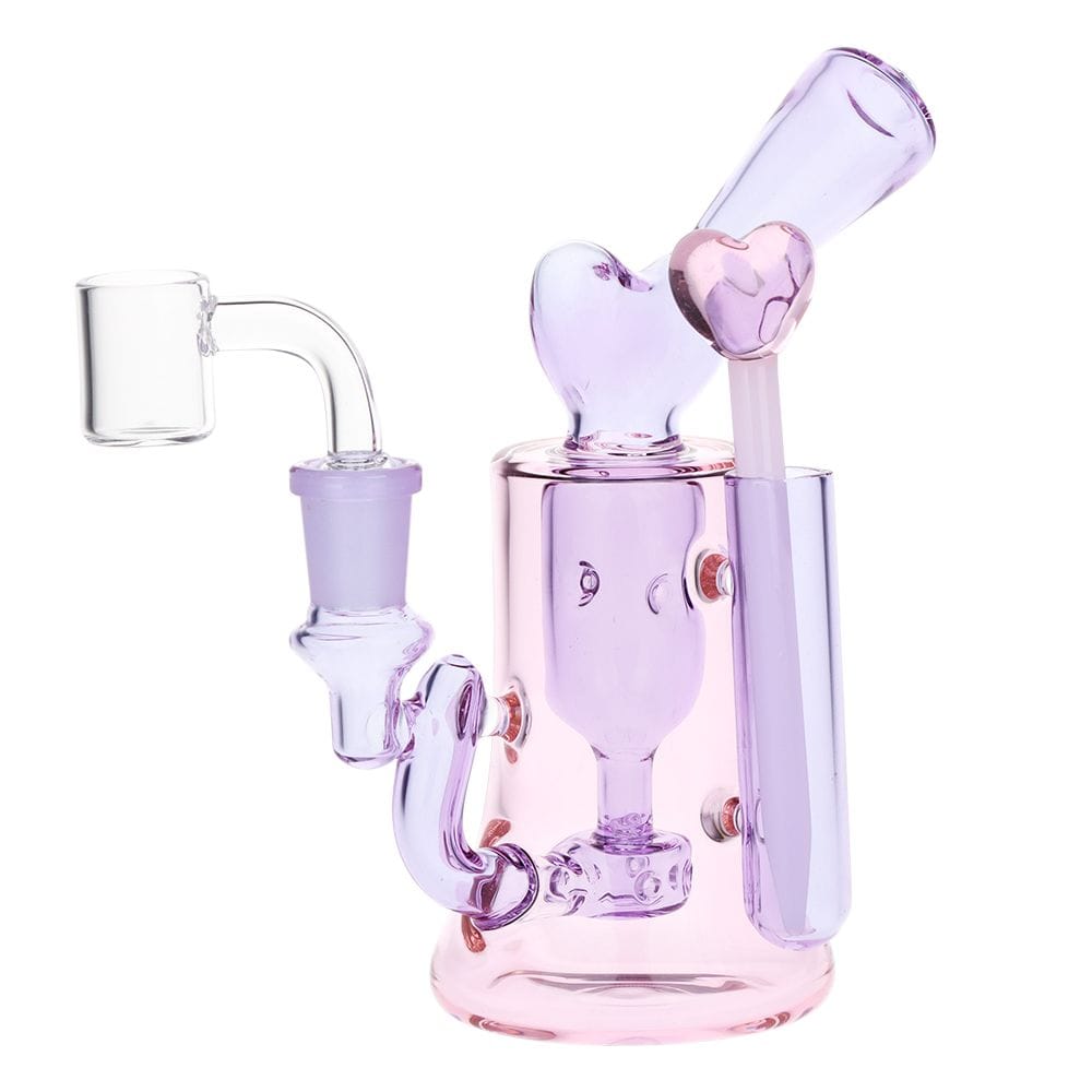 Front view of the Lovely Heart Glass Dab Rig Set - 6.25" / 14Mm F showing a translucent pink and lavender glass rig with heart-shaped accents against a white background