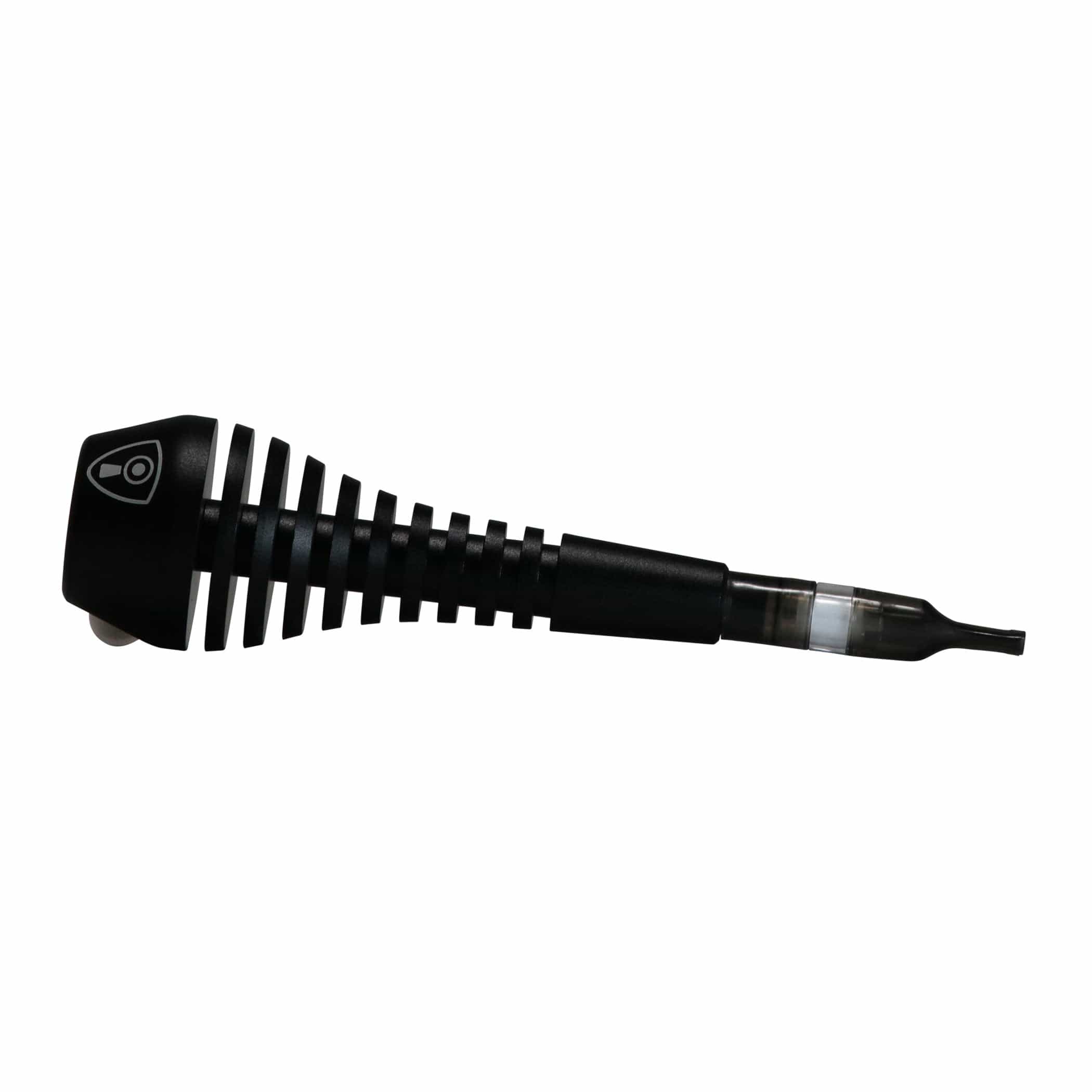 Close-up angled view of the black Invincipipe tool showing its ribbed grip, tapered tip, and partial logo on a white background.