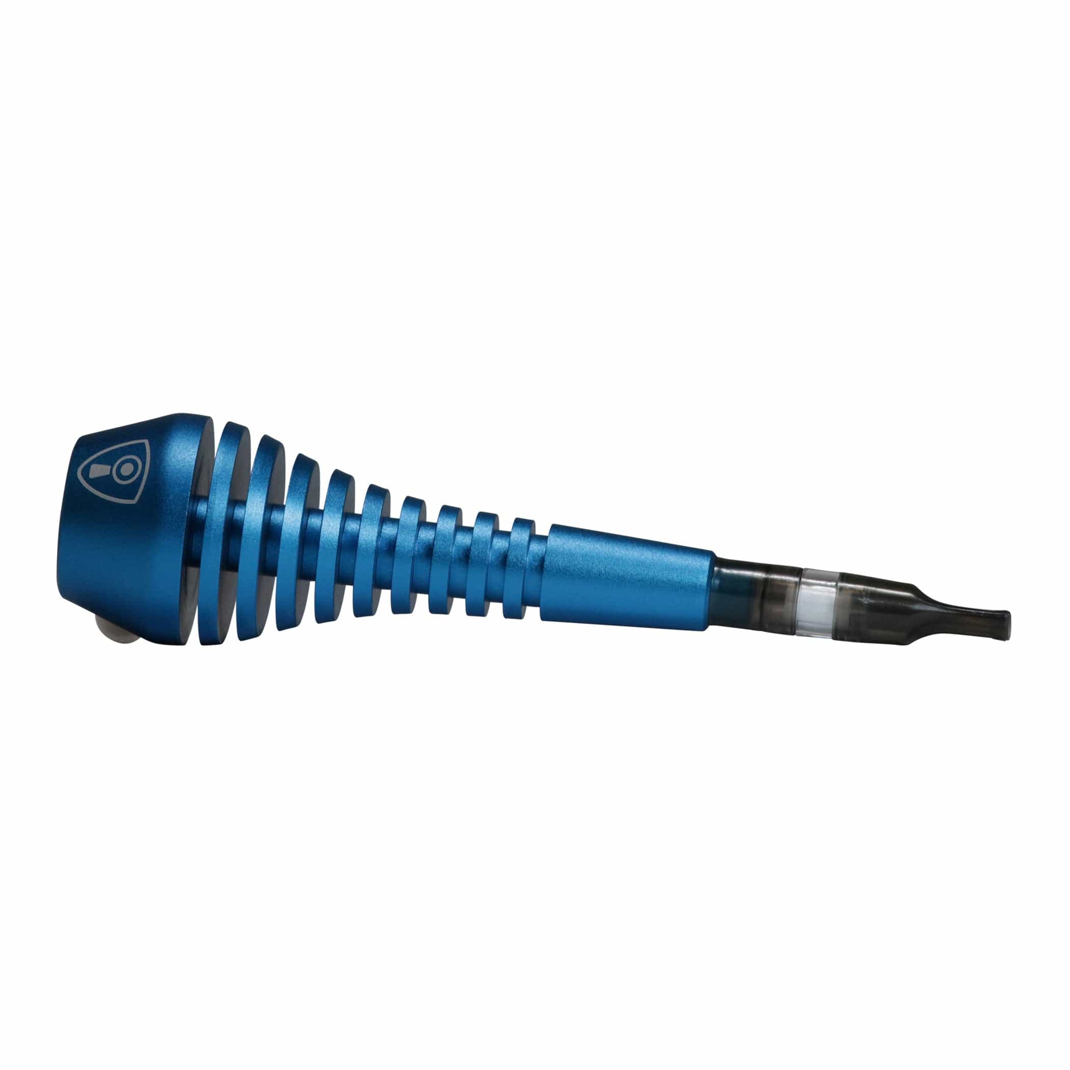 Close-up side view of the blue Invincipipe showing its ribbed metal body and tapered translucent tip.