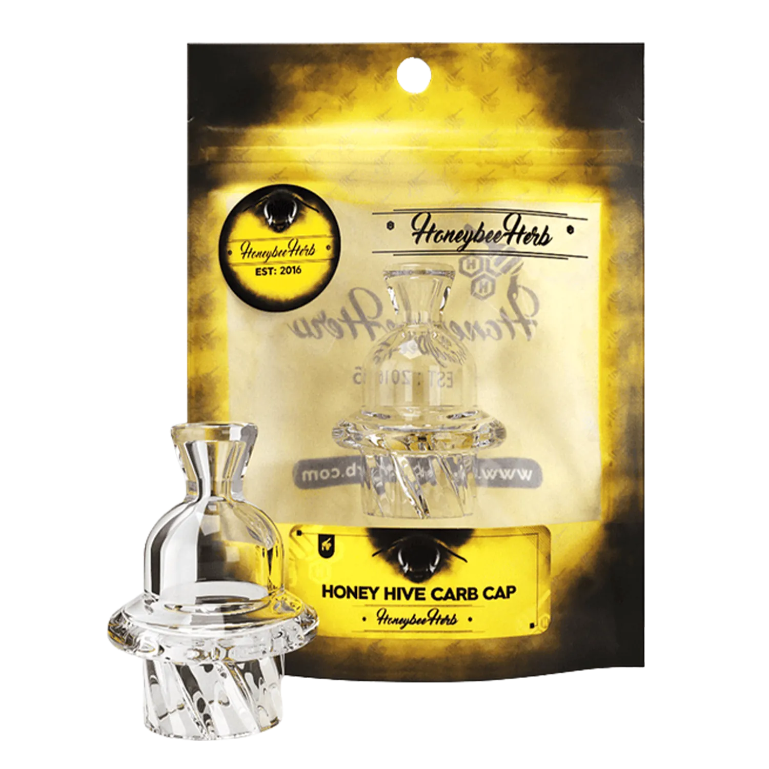 Close-up front view of the clear Honeybee Herb Honey Hive Carb Cap against its yellow and black branded backing card.